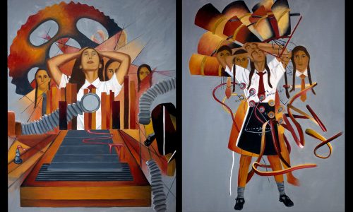 Student artwork of a girl in distress