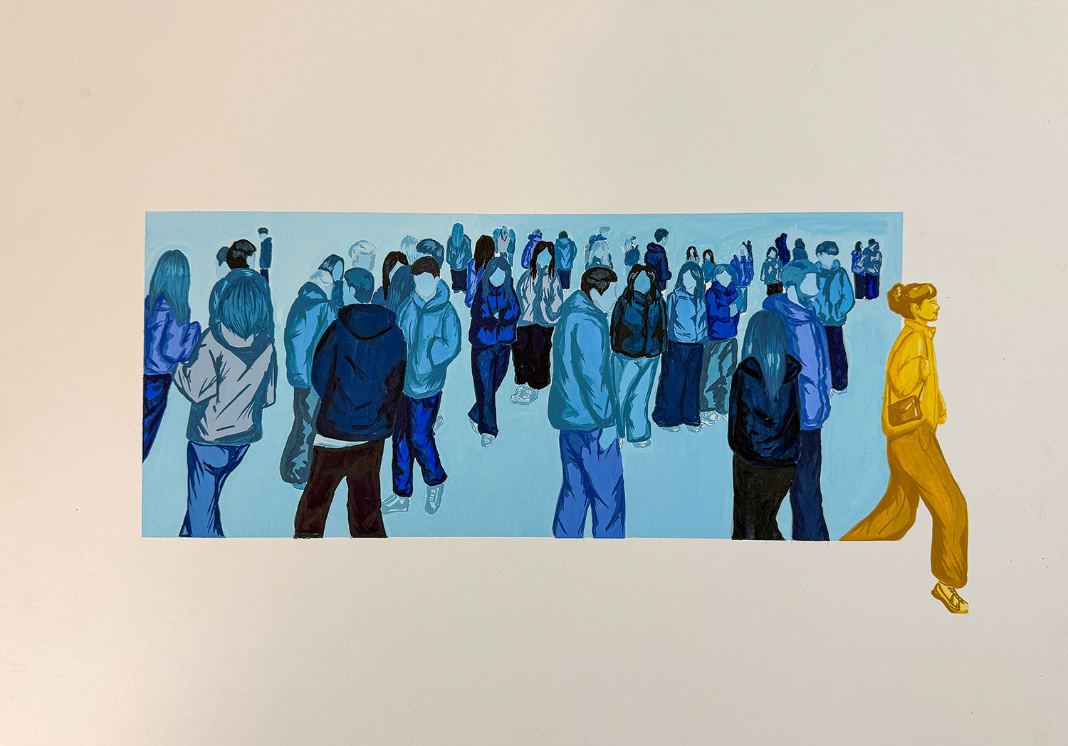 Student artwork of a yellow figure breaking away from a faceless crowd of blue figures