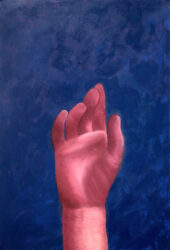 Acrylic and oil on canvas by Lucy Sheumack, Year 11 Student artwork of a hand reaching