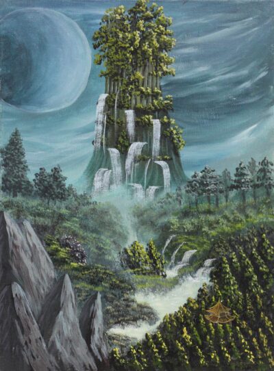 Student artwork of trees, mountains and waterfalls