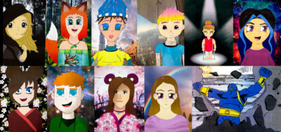 Student artwork of a manga self-portrait