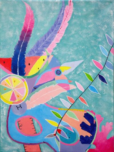 Student artwork still life with feathers