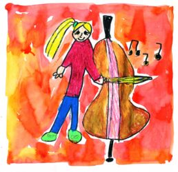Watercolour, oil pastel and marker on paper by Esther Hines, Year 1, Christian College Geelong Student artwork of a girl playing a double bass