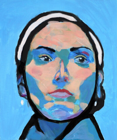 Acrylic Paint on Canvas Board by Tania Dimopoulos, Year 10, Overnewton Anglican Community College Student artwork of a portrait in blue