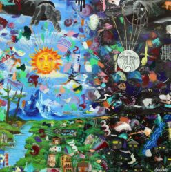 Acrylic paint and posca pens on canvas by Louise Cade, Year 11, Overnewton Anglican Community College Student artwork of a solar and lunar landscape