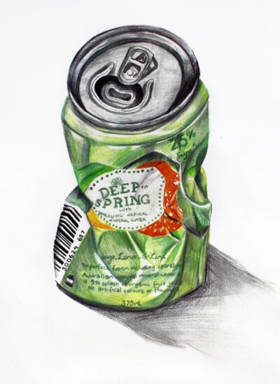 Coloured Pencil on Paper by Rheanna Senn, Year 9, Carey Baptist Grammar School Student artwork of a crushed soft drink can