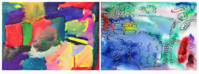 Acrylic on Board, a group project by years 1 and 2 students, Lakeside College Student abstract artwork of their school