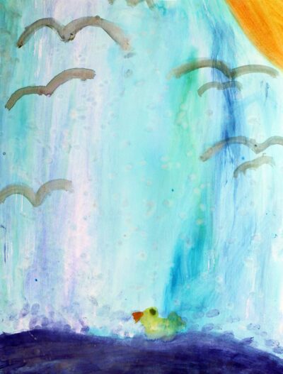 Watercolour on Paper by Miah Walter, Year 4, Ballarat Christian College Student artwork of a duck and a waterfall