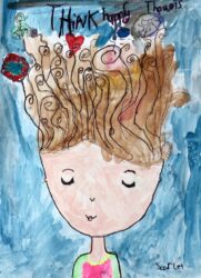 Mixed Media on Paper by Scarlet Scollo, Year 2, Aitken College Student artwork of a girl thinking happy thoughts