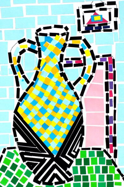 Paper Mosaic by Mashal Hussain, Year 5, Al Siraat College Student artwork of mosaic vase still life