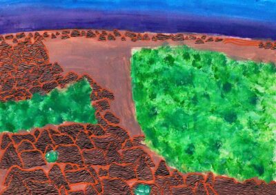 Acrylic on Paper by Nyadan Deb, Year 8, Christway College Student artwork of an aerial landscape