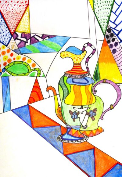 Digital Image of Mixed Media by Rhys Miller, Year 8, St Leonard’s College Student artwork of still life with pots