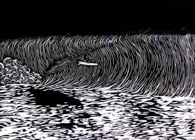 Linoprint on Paper by Hannah Nichols, Year 10, The Hamilton and Alexandra College Student artwork of a surfer