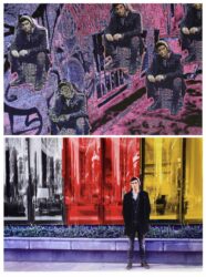 Digital Print on Canvas by Stace Sakelaropoulos, Year 11, Alphington Grammar Student artwork of a figure against a cityscape