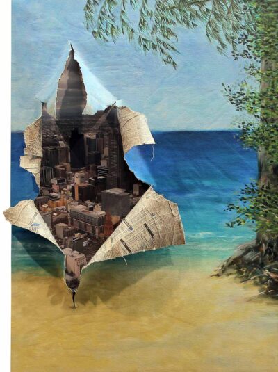 Acrylic and Digital Image on Canvas by Madeleine Moraitis, Year 11, Alphington Grammar Student artwork of nature being destroyed