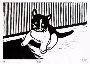 Lino Cut Print on Paper by Sophia Mason, Year 9, Highview College Student artwork of a cat