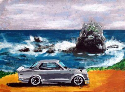 Acrylic on Canvas by Ronald Liao, Year 8, Huntingtower Student artwork of a car parked at the beach