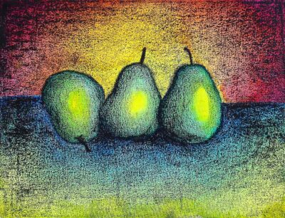 Oil Pastel and Watercolour on Canvas by Ellie Owen, Year 7, Kilvington Grammar School Student artwork of 3 pears