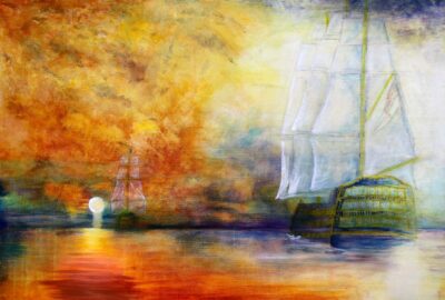 Synthetic Polymer Paint on Canvas by Jack Enrique Oyarzun, Year 12, Mentone Grammar Student artwork of sailing ship