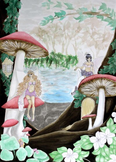 Watercolour and Ink on Paper by Lucy Farah, Year 10, The Knox School Student artwork of fairies and toadstools