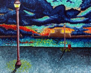 Acrylic on canvas by Minnie Allen, Year 10, Ballarat Clarendon College Student artwork of a urban scape