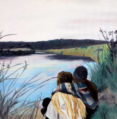 Acrylic on canvas by Emily Grundy, Year 11, Billanook College Student artwork of people sitting on a river bank