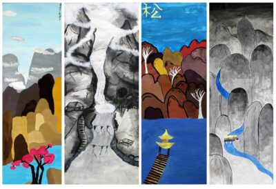 Acrylic and gouache on paper by Liat Fichman, Emily Irons, Joshua Miller and Isabella Yusupoy, Year 7 students from Bialik College Student artwork of four Asian landscapes
