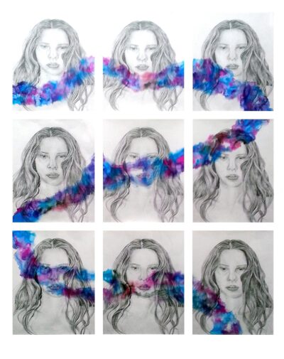 Greylead, transparency and ink on paper by Ellie Zuker, Year 12, Bialik College Student artwork of a self portrait