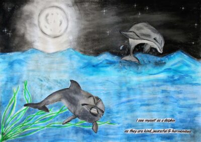 Watercolour and mixed media on Paper by Danielle Blitz, Year 10, Casey Grammar School Student artwork of dolphins