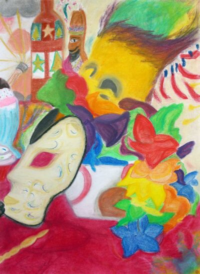 Pastel on paper by Sophie Hutchinson, Year 11, Ivanhoe Grammar School
Student artwork of a carnivale still life Student artwork of a carnivale still life