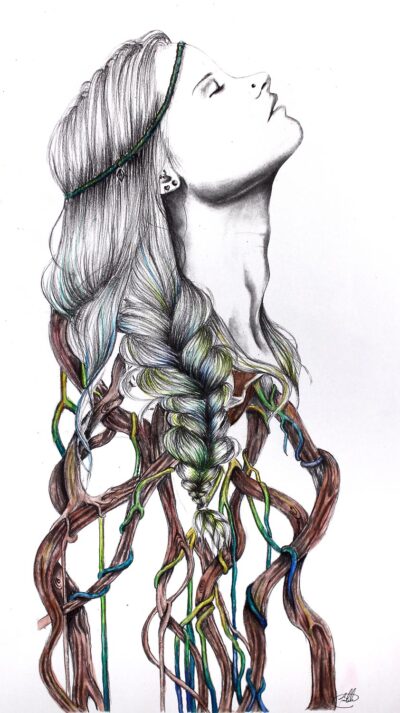 Pencil on paper by Tanishka Brahmanand, Year 9, Korowa Anglican Girls’ School Student artwork of a portrait in profile with braid