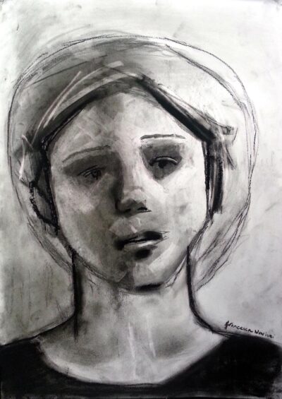 Charcoal on paper by Francesca Nowicki, Year 10, Woodleigh School Student artwork of a portrait in charcoal