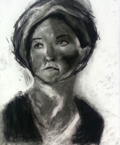 Charcoal on paper by Harmony Small, Year 10, Woodleigh School Student artwork of a portrait in charcoal