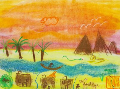 Pastel on paper by Kalden Smitka, Class 3, Ghilgai Steiner School Student artwork of Ancient Egypt