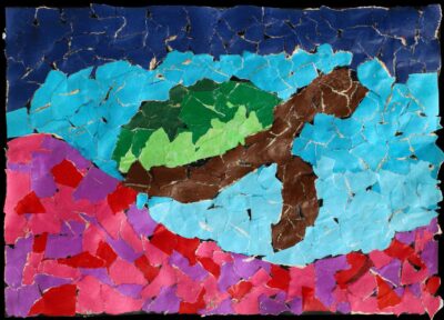 Paper collage by Anayah Aamer Abbas, Year 6, Sirius College Student artwork of a collage turtle
