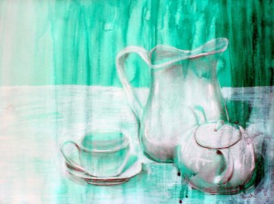 Still Life in Green – Conte, ink and charcoal on paper by Tara Buchanan, Year 11, Billanook College Student artwork of a still life with teapot