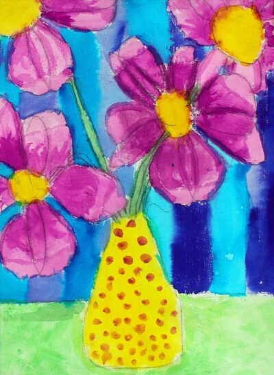 Acrylic on canvas by Lily Barnes, Year 3, Carey Baptist Grammar School Student artwork of flowers in a vase