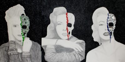 Triptych in mixed media by Briony Ewing, Year 11, Kilvington Grammar School Student artwork of celebrity portraits