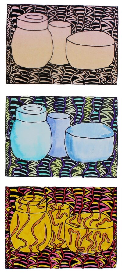 Ink and markers on acetate and paper by Grace Goodman, Year 7, Mentone Grammar Student artwork of a still life triptych