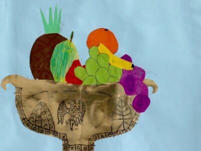 Mixed media on paper by Adam Pacak, Year 3, Melbourne Montessori School Student artwork of a fruit bowl