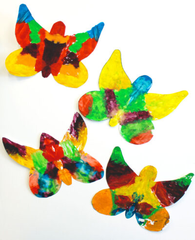 Acrylic on paper by Chanelle Galu, Deegan Jeffrey, Isha Sharma and Remi Ellu, Prep, Hume Anglican Grammar Student artwork of butterflies