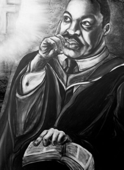 Charcoal on paper by Priscilla Riscica, Year 11, Hume Anglican Grammar Student artwork portrait of Martin Luther King