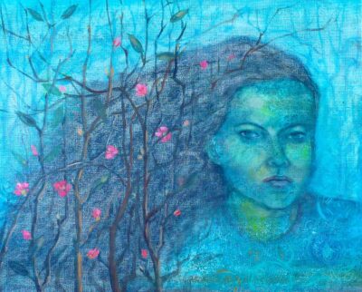 Acrylic on canvas by Jessica McCarthy, Year 12, Ivanhoe Grammar School Student artwork portrait of a girl with flowers