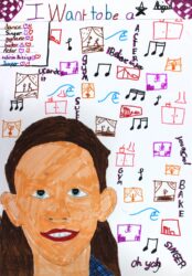 Markers on paper, Abigail Greenhalgh, Year 4, Newhaven College – Dancer, singer, gymnast, actor, interior designer, baker Student artwork of her future self