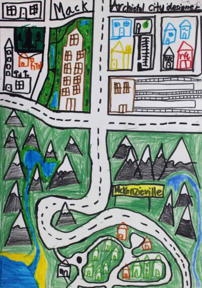 Coloured pencil and markers on paper, McKenzie Cleland, Year 4, Newhaven College – Town planner Student artwork of a town planner