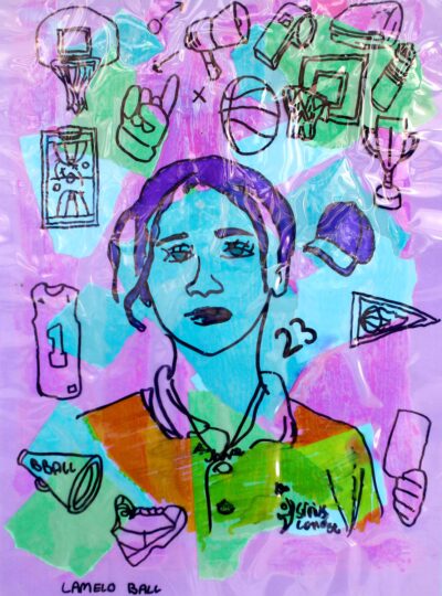 Acetate and mixed media, Aybuke Karatepe, Year 6, Sirius College – Basketball player Student artwork of a future sports career
