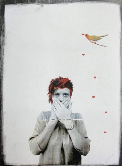 Mixed media on canvas by Stephanie Charters, Year 11, Beaconhills College Student artwork of a portrait of a girl covering her mouth and a bird