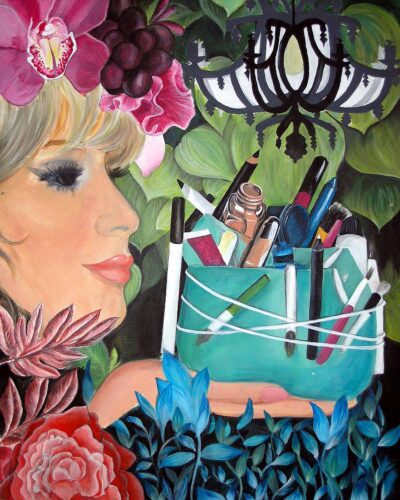 Acrylic on canvas – Angela Pai, Year 11, Shelford Girls’ Grammar Student artwork of a portrait in profile and a bag of make up