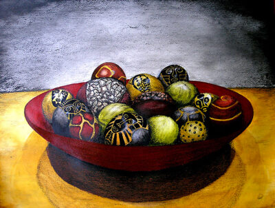 Ink and charcoal on paper by Linel Franck, Year 11, Ballarat Clarendon College Student artwork still life of bowl with balls