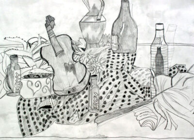 Black and white pencil on paper by Emily Waring, Year 8, Mowbray College Student artwork of a still life